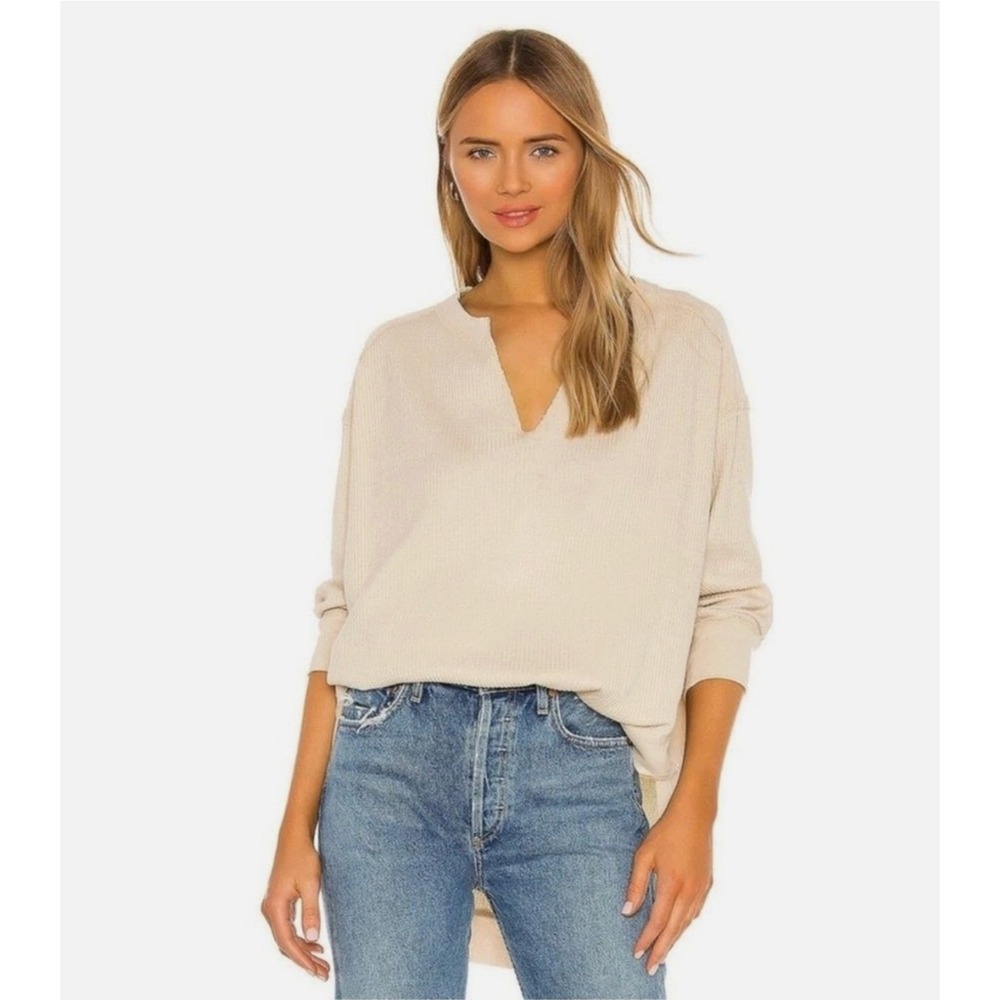 Free People We the Free Owen Waffle Thermal Oversized V Neck Cream Shirt Large